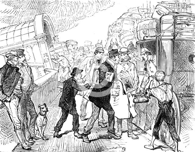 Departure of a Cunard steamer from Liverpool: passengers arriving at the landing-stage, 1881. Creator: Unknown.