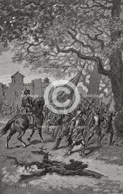 Departure of the Barcelonians to help those besieged in San Adrián de Besós, 15th century, (1890). Creator: Joan Serra y Pausas.