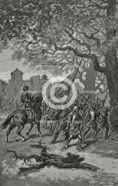 Departure of the Barcelonians to help those besieged in San Adrián de Besós, 15th century, (1890). Creator: Joan Serra y Pausas.