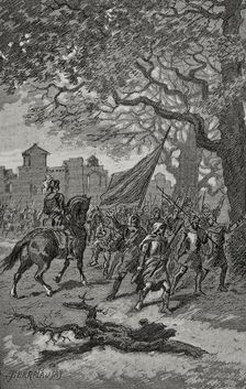 Departure of the Barcelonians to help those besieged in San Adrián de Besós, 15th century, (1890). Creator: Joan Serra y Pausas