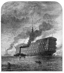 Departure of the Dreadnought hospital ship from her old moorings in the Thames, 1872. Creator: John Greenaway