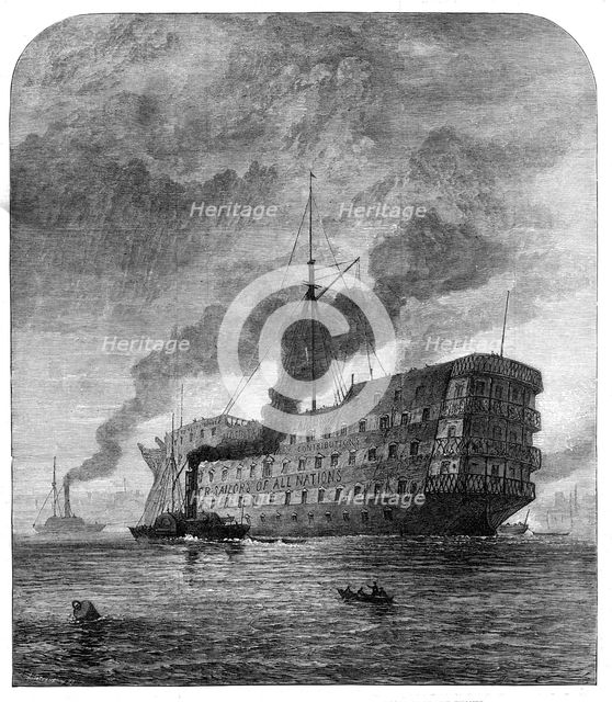 Departure of the Dreadnought hospital ship from her old moorings in the Thames, 1872. Creator: John Greenaway.