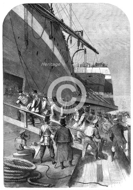 Departure of the Great Eastern from the Mersey with the Canadian Contingent: the soldiers..., 1861. Creators: Edwin Weedon, F. S..