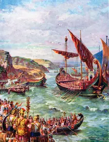 Departure of the Romans from Britain after the sacking of Rome in 410 AD, (c1920). Creator: Harry Payne