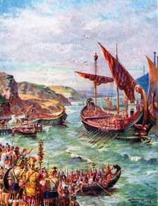 Departure of the Romans from Britain after the sacking of Rome in 410 AD, (c1920). Creator: Harry Payne