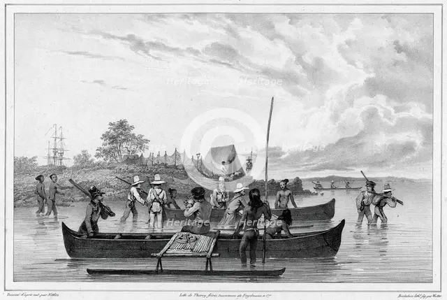 Departure for an excursion to the island of Ualan (the Carolinas), 19th century. Creators: Friedrich Heinrich Kittlitz, Godefroy Engelmann, Emile-Charles Wattier.