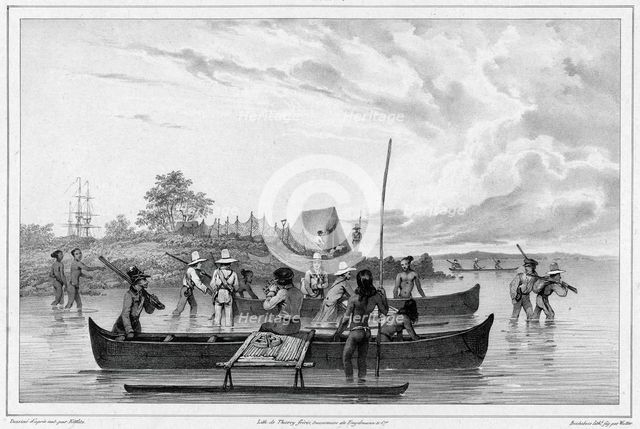 Departure for an excursion to the island of Ualan (the Carolinas), 19th century. Creators: Friedrich Heinrich Kittlitz, Godefroy Engelmann, Emile-Charles Wattier.
