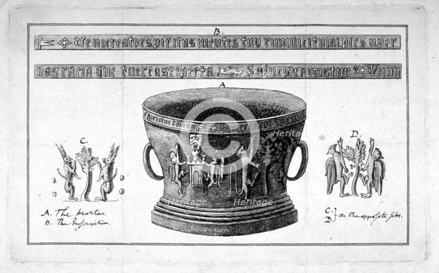 Depiction of a mortar from the Apothecaries' Hall, including inscription, 1789.     Artist: Anon