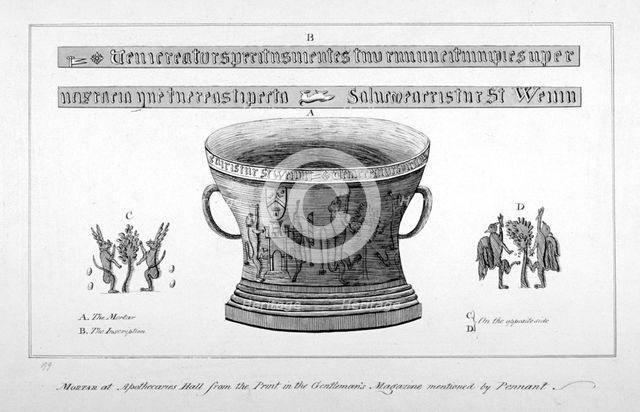 Depiction of a mortar from the Apothecaries' Hall, including inscription, 1789.  Artist: Anon