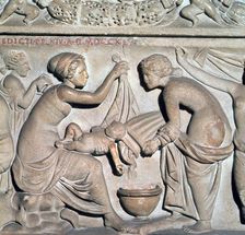 Depiction of bathing a baby from a Roman sarcophagus