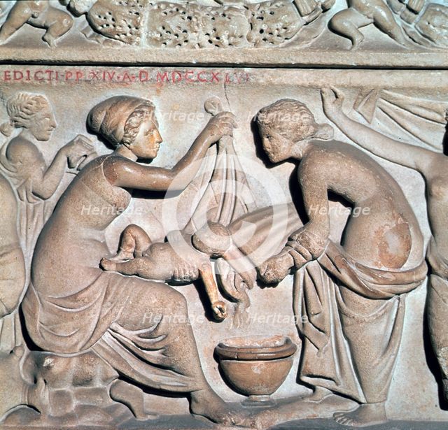 Depiction of bathing a baby from a Roman sarcophagus. Artist: Unknown