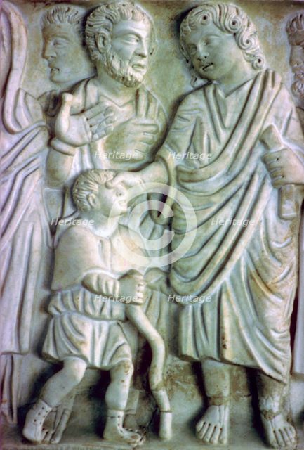 Depiction of Jesus healing a blind man on an early Christian sarcophagus, 4th Century. Artist: Unknown