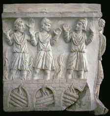 Depiction of Shadrach, Meshach, and Abednego in the fiery furnace