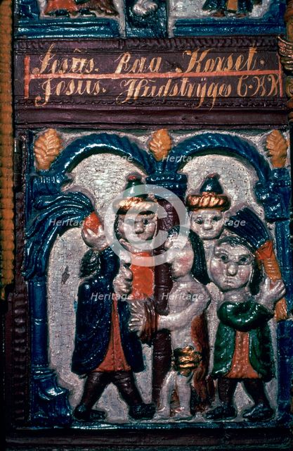 Depiction of the flagellation of Christ on a Swedish chest, 18th century. Artist: Unknown