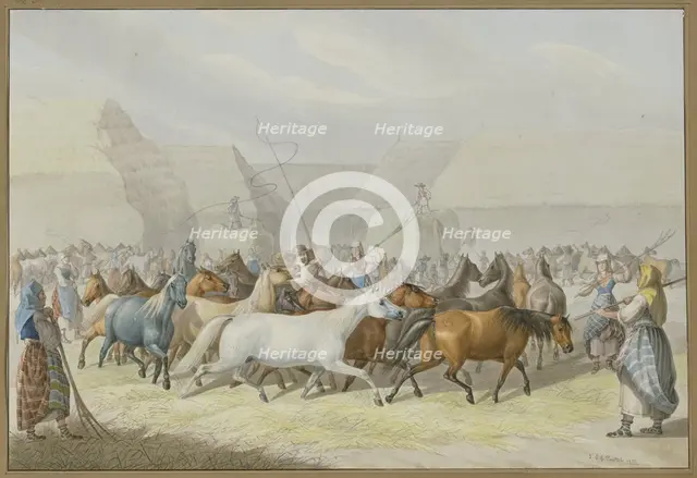 Depiction of threshing with horses in Syrmia (Slavonia), 1832. Creator: Johann Erdmann Gottlieb Prestel.
