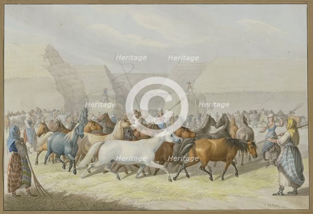 Depiction of threshing with horses in Syrmia (Slavonia), 1832. Creator: Johann Erdmann Gottlieb Prestel.