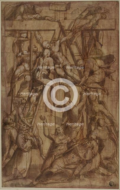 Deposition, with Saint Francis of Assisi and Another Male Saint (Stephen?), c. 1576. Creator: Simone De Magistris.