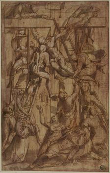 Deposition, with Saint Francis of Assisi and Another Male Saint (Stephen?), c. 1576. Creator: Simone De Magistris
