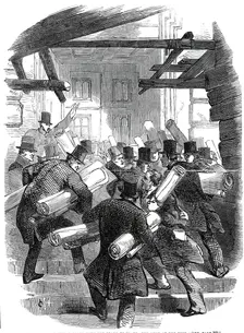 Deposits of railway plans with the Board of Trade - the rush at the door, 1845. Creator: Unknown