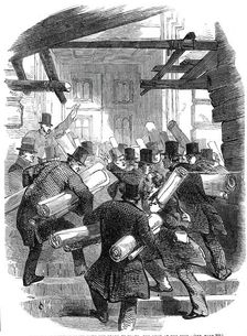 Deposits of railway plans with the Board of Trade - the rush at the door, 1845. Creator: Unknown