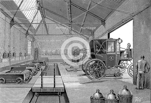 Depot where electrically driven Paris cabs were fitted with freshly charged batteries, 1899. Artist: Unknown
