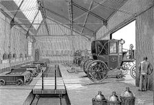 Depot where electrically driven Paris cabs were fitted with freshly charged batteries, 1899