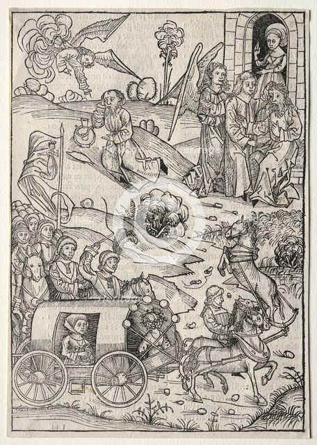 Der Schatzbehalter: The Return of Tobias to Tobit; The Arrival of Tobias Wife..., 1491. Creator: Michael Wolgemut (German, 1434-1519).