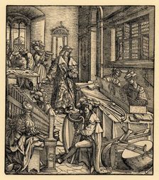 Der Weisskunig: The young Maximilian in a room filled with a wide range of musicals..., 1514-16. Creator: Burgkmair, Hans, the Elder (1473-1531)