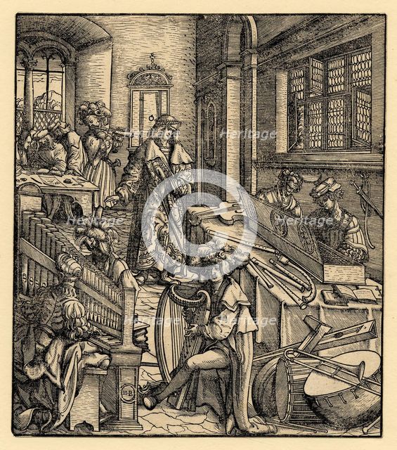 Der Weisskunig: The young Maximilian in a room filled with a wide range of musicals..., 1514-16. Creator: Burgkmair, Hans, the Elder (1473-1531).