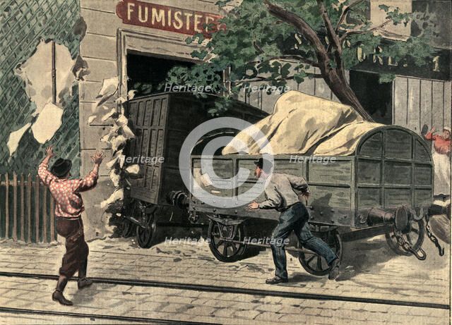 Derailment of train cars, embedded against a house in Jouy en Josas, near Versailles. France. Eng…