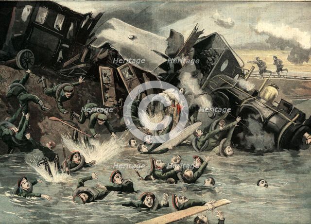 Derailment of a Russian military train, falling into the river Dornat, the train carried infantry…