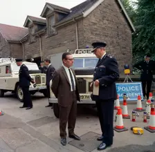 Derbyshire Police Commissioner taking delivery of two new Land Rovers, Matlock, Derbyshire, 1969. Creator: Michael Walters
