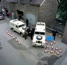Derbyshire Police Commissioner taking delivery of two new Land Rovers, Matlock, Derbyshire, 1969. Creator: Michael Walters