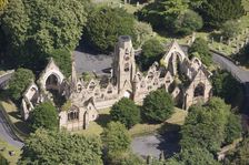 Derelict cemetery chapel at Flaybrick Memorial Gardens, Birkenhead, Wirral, 2015. Creator: Historic England