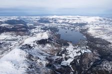 Derwent Water and a snowy capped Maiden Moor, Lake District National Park, Cumbria, 2018. Creator: Emma Trevarthen