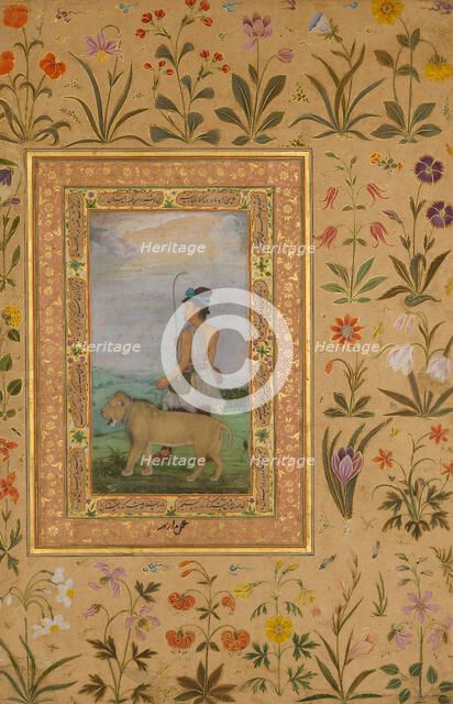 Dervish With a Lion, Folio from the Shah Jahan Album, verso: ca. 1630; recto: ca. 1500. Creator: Padarath.