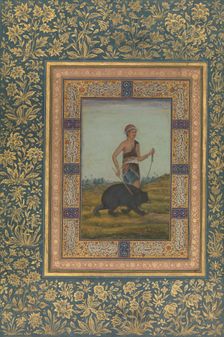 Dervish Leading a Bear, Folio from the Shah Jahan Album, recto: early 19th century. Creator: Unknown