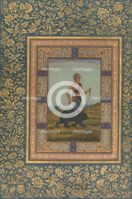 Dervish Leading a Bear, Folio from the Shah Jahan Album, recto: early 19th century. Creator: Unknown.