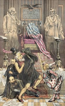 Des Landes Ehre bedroht. Cartoon from Puck, between 1880 and 1889. Creator: Bernhard Gillam