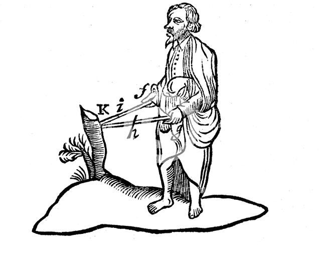 Descartes' illustration of how the distance of an object is perceived with binocular vision, 1692. Artist: Unknown