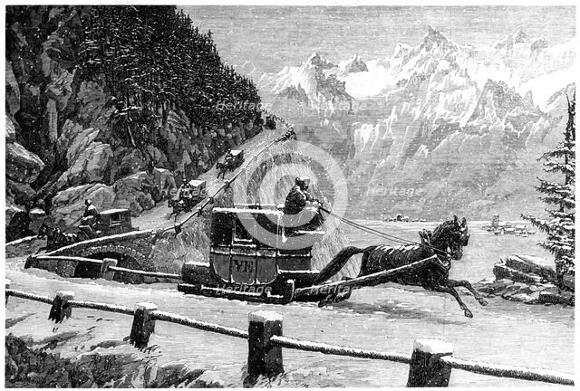 Descending the Mont Cenis pass in winter by horse-drawn sledge, 19th century. Artist: Unknown