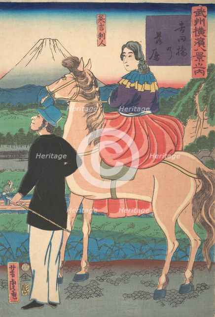 Descending Geese at Yoshida Bridge [English Couple] (Yoshidabashi no rakugan [I1st month, 1861. Creator: Utagawa Yoshitora.