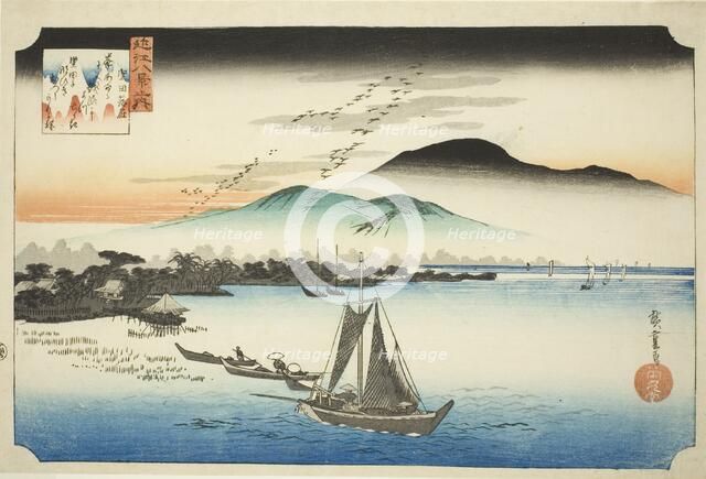 Descending Geese at Katada (Katada rakugan), from the series "Eight Views of Omi...", c. 1834. Creator: Ando Hiroshige.