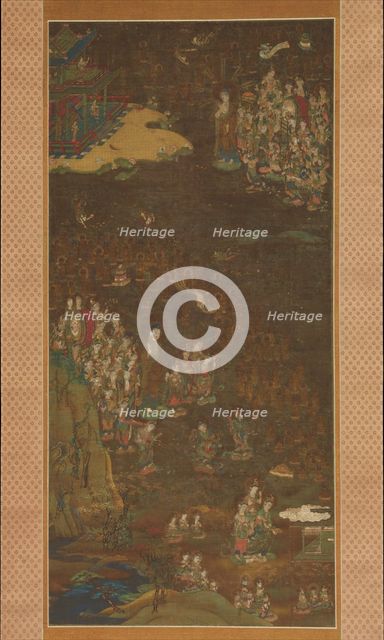 Descent and Return of Amida to Western Paradise with a Believer's Soul (Gosho mandara), c1300. Creator: Unknown.