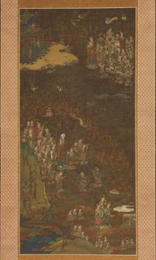 Descent and Return of Amida to Western Paradise with a Believer's Soul (Gosho mandara), c1300. Creator: Unknown