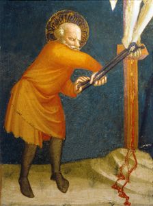 Descent from the Cross detail of a man removing the nails of the foot of Christ with tongs, from…