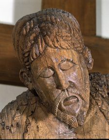 Descent of Erill-la-Vall detail of the face of Christ, 12th century polychromed sculpture