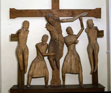 Descent of Erill-la-Vall polychromed sculpture, in the image there are five of the seven char…