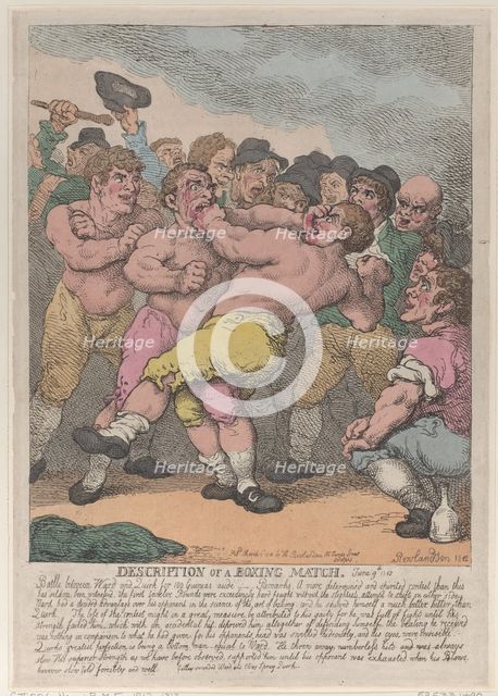 Description of a Boxing Match between Ward and Quirk for 100 Guineas a side, Marc..., March 1, 1812. Creator: Thomas Rowlandson.