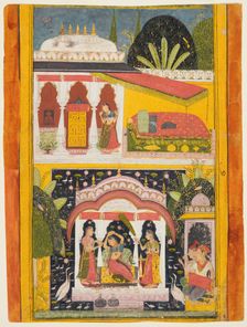 Desavarari Ragini, from a Ragamala series: A lady and two attendants in a bower in the middle…, c169 Creator: Unknown